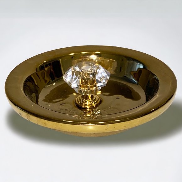 Small Trinket Ring Dish Gold Tone Ceramic with Faux Diamond Knob - Picture 1 of 4